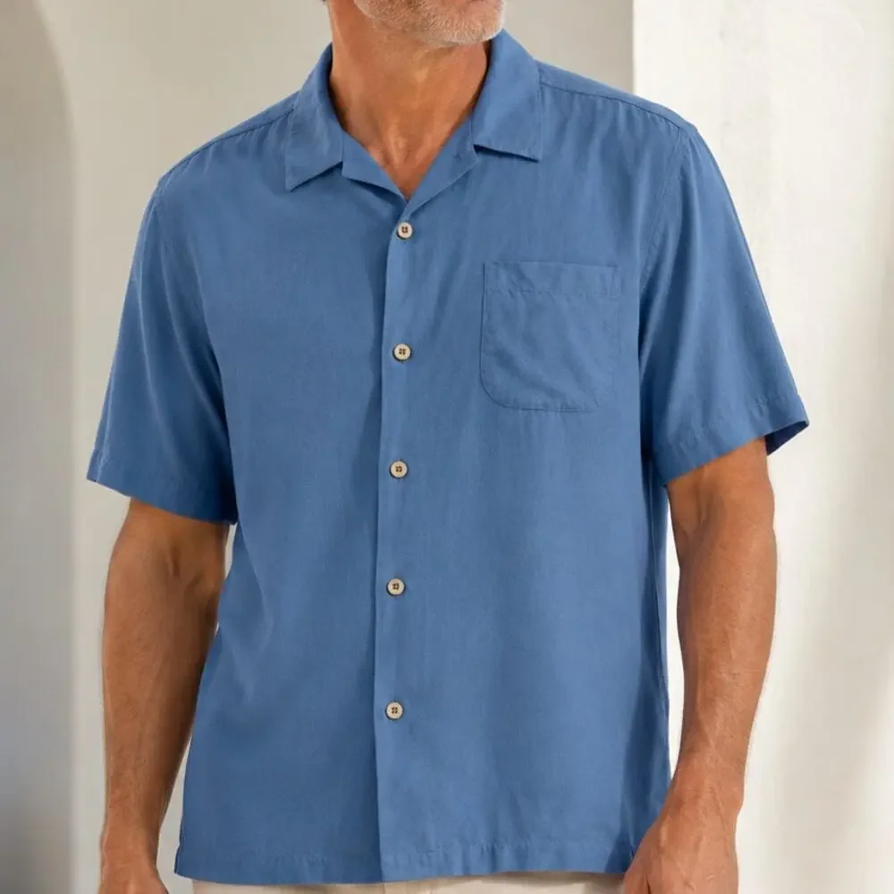 Tommy Bahama Button Shirt Size XXL Blue Silk Short Sleeve Loop Collar Coastal